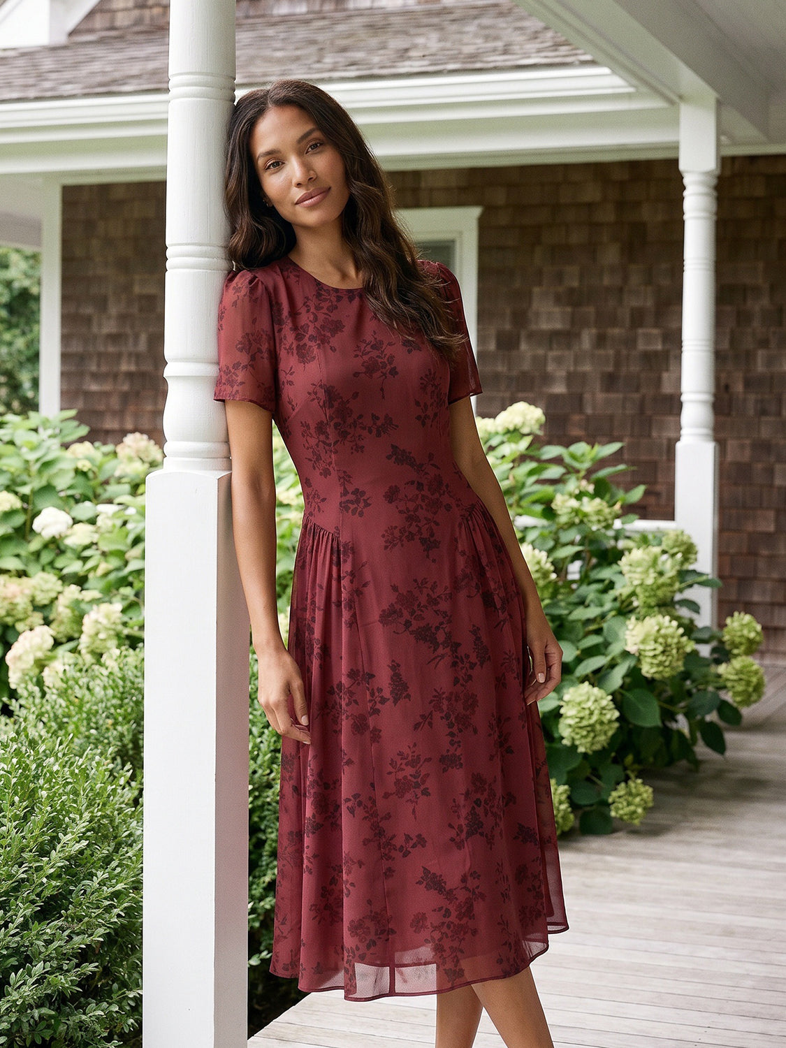 Apple Butter Floral Print Chiffon Dress - Woman Wearing Midi Length Dress - Suzy Shier