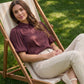 Winetasting Matte Satin Blouse with Bubble Sleeves - Front Close-up View - Suzy Shier
