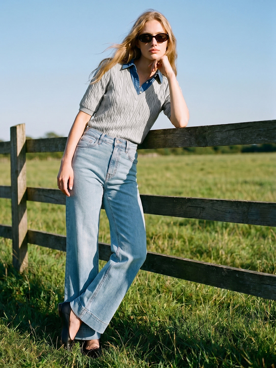 Grey Melange Puff Sleeve Jacquard Sweater - Woman Wearing Knit Top with Denim Collar - Suzy Shier