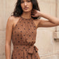 Woodsmoke Polka Dot Halter Midi Dress - Woman Wearing Fit-and-Flare Chiffon Dress - Suzy Shier