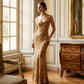Gold/Mocha Jacquard Floral Bustier Gown - Woman Wearing Mermaid Hem Evening Dress - Le Chateau