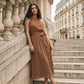 Woodsmoke Polka Dot Halter Midi Dress - Woman Wearing Fit-and-Flare Chiffon Dress - Suzy Shier