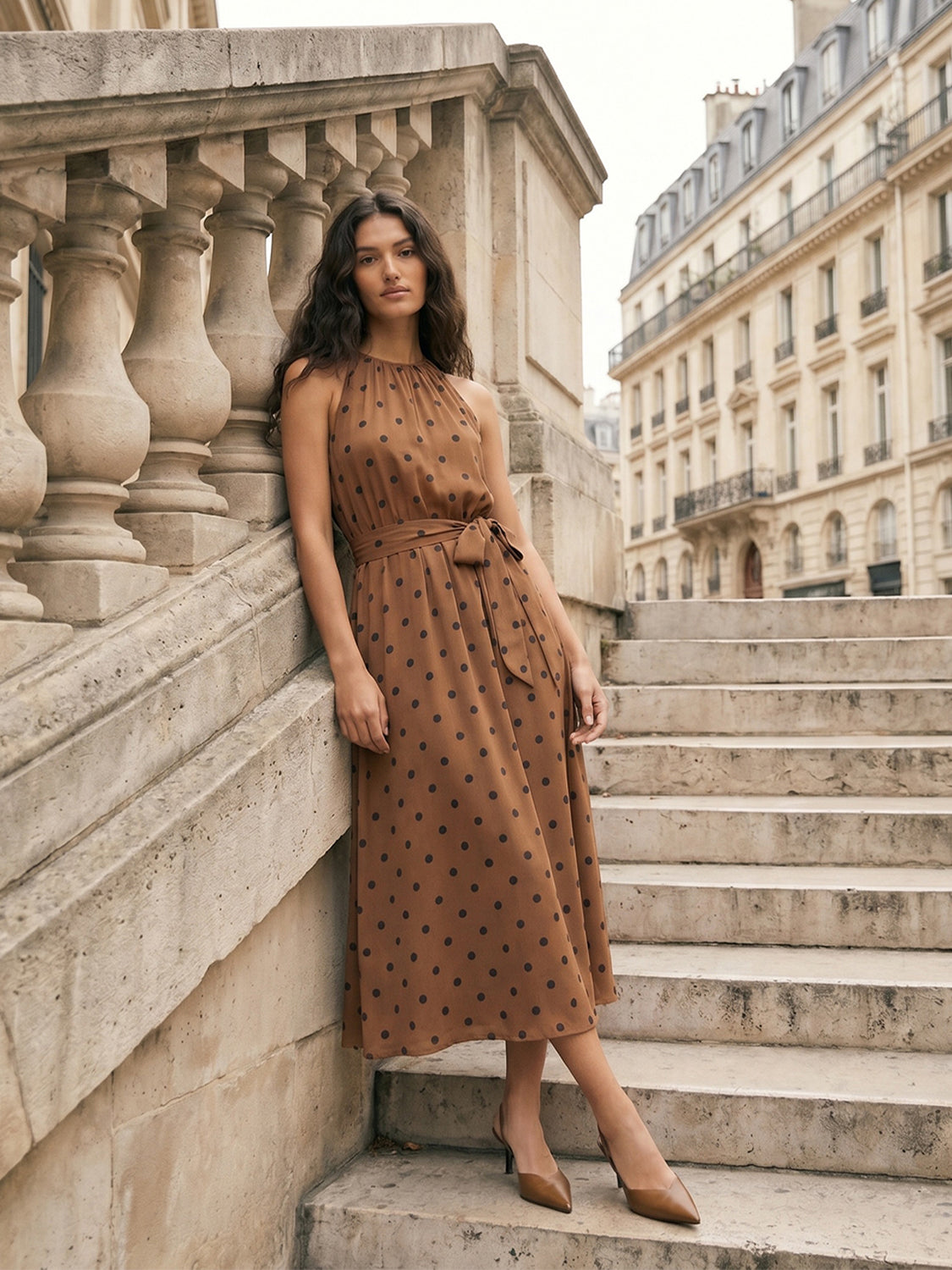 Woodsmoke Polka Dot Halter Midi Dress - Woman Wearing Fit-and-Flare Chiffon Dress - Suzy Shier