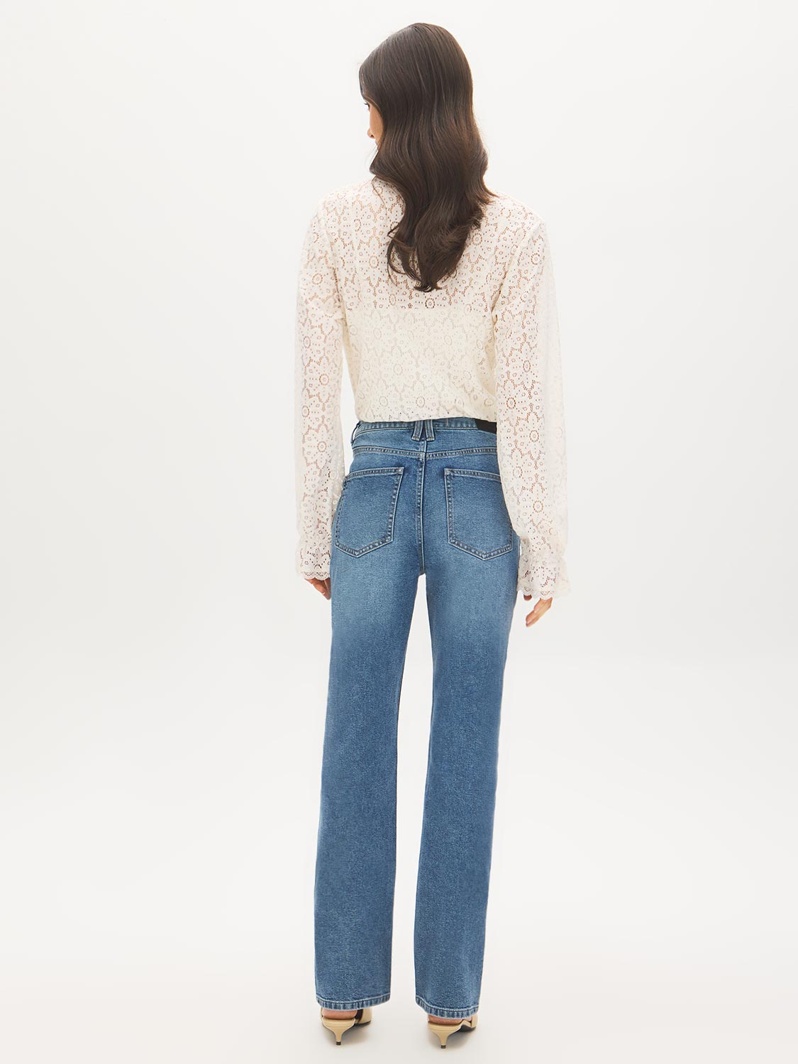Medium Wash Rhinestone Straight Leg Denim Pant - Back View - Suzy Shier