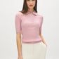 Zephyr Ribbed Polo Collar Knit Sweater - Woman Wearing Elbow Sleeve Button-Detail Top - Suzy Shier