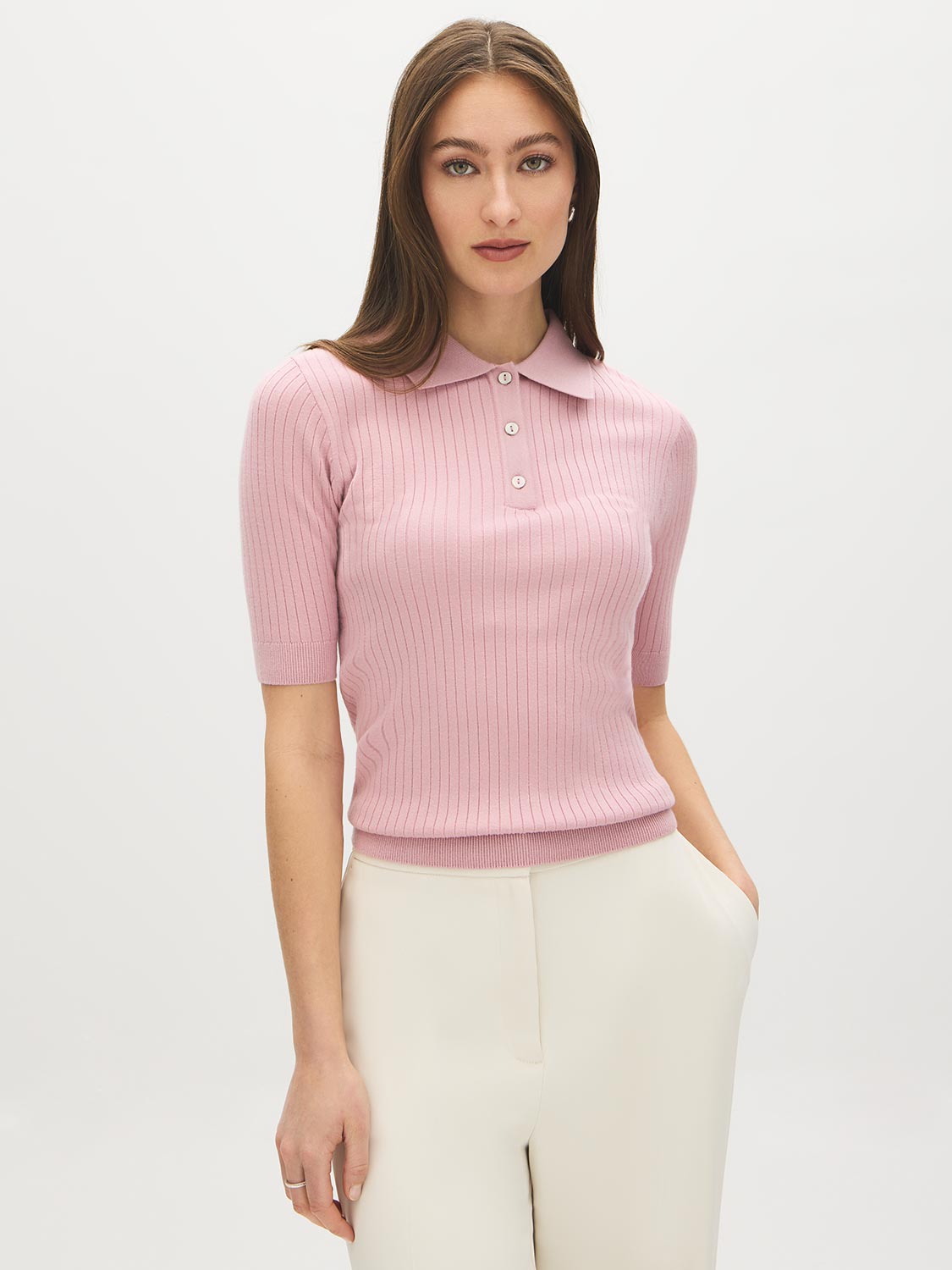 Zephyr Ribbed Polo Collar Knit Sweater - Woman Wearing Elbow Sleeve Button-Detail Top - Suzy Shier