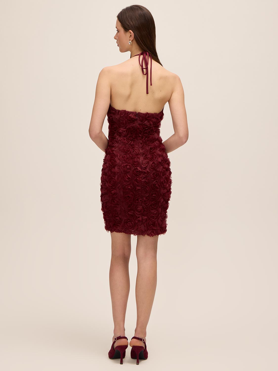 Bordeaux Halter Neck 3D Floral Mesh Dress - Back View - Le Chateau