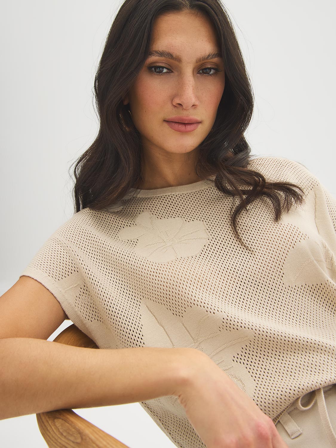 Xenon Blue Knit Crochet Sweater with Dolman Look - Woman Wearing Textured Open Weave Sweater - Suzy Shier