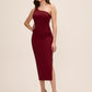 Brick One-Shoulder Knit Crepe Sheath Dress - Woman Wearing Fitted Dress with Metal Trim Detail - Le Chateau