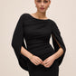 Black Boat Neck Sheath Dress with Back Cape - Close-up Front Detail - Le Chateau