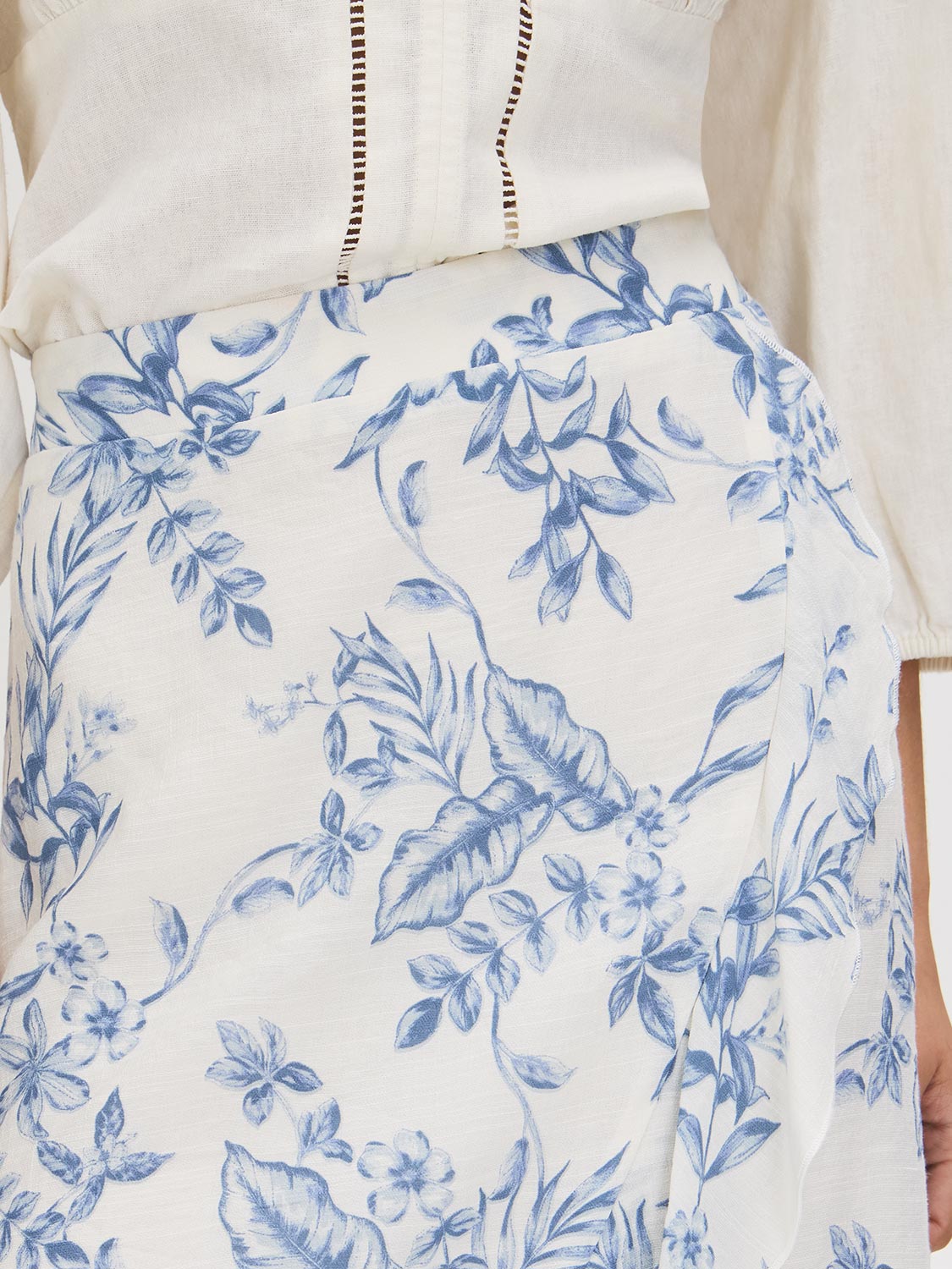 Blue Floral Hi-Low Ruffle Front Midi Skirt - Woman Wearing Textured Slub Midi Skirt - Suzy Shier