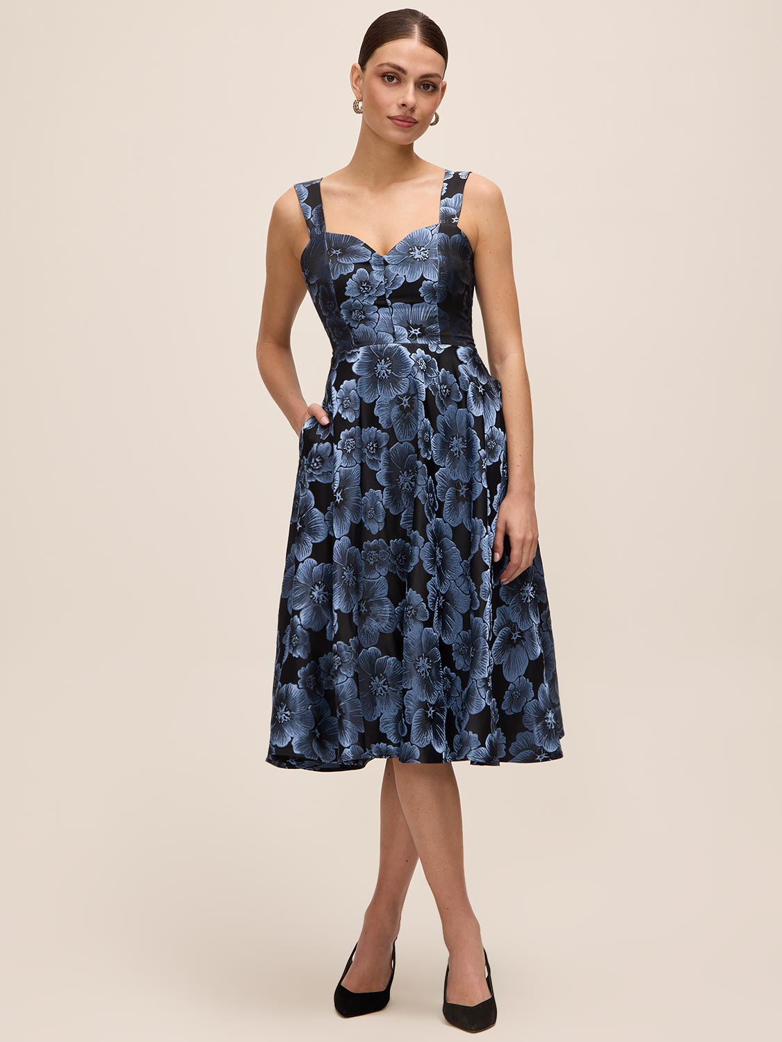 Steel Blue/Black Jacquard Floral Fit & Flare Midi Dress - Front View - Le Chateau