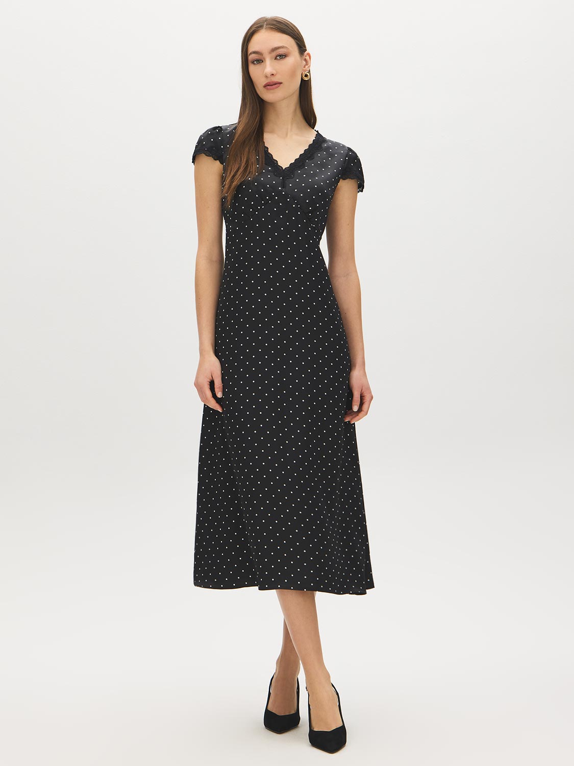Black/White Dot Satin Midi Dress with Lace Trim - Woman Wearing Elegant Polka Dot Dress - Suzy Shier