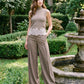 Oatmeal Mix Pleated Wide Leg Pants - Woman Wearing Flowing Silhouette Trousers - Le Chateau