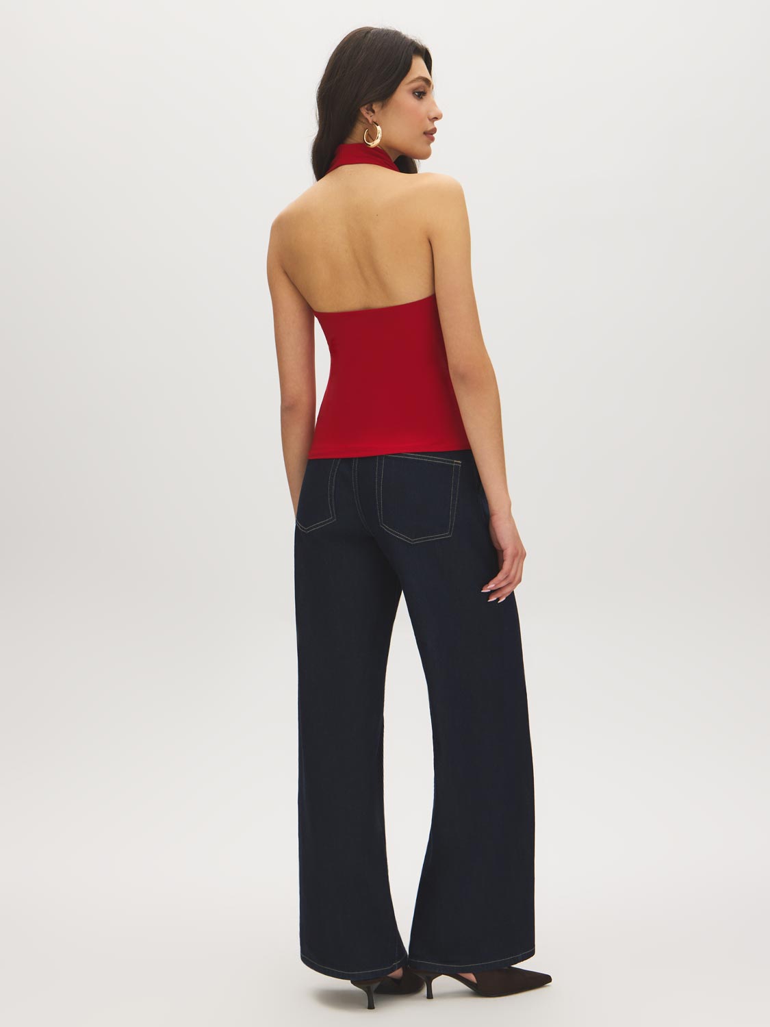 Jester Red Cowl Neck Halter Knit Top - Woman Wearing High Cowl Neck Top - Suzy Shier