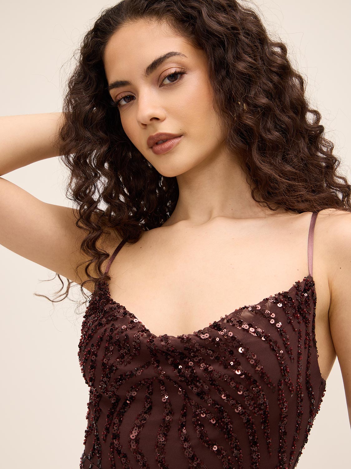 Coco Powder Sequin Mesh Gown with Animal Pattern - Woman Wearing Elegant Evening Dress - Le Chateau