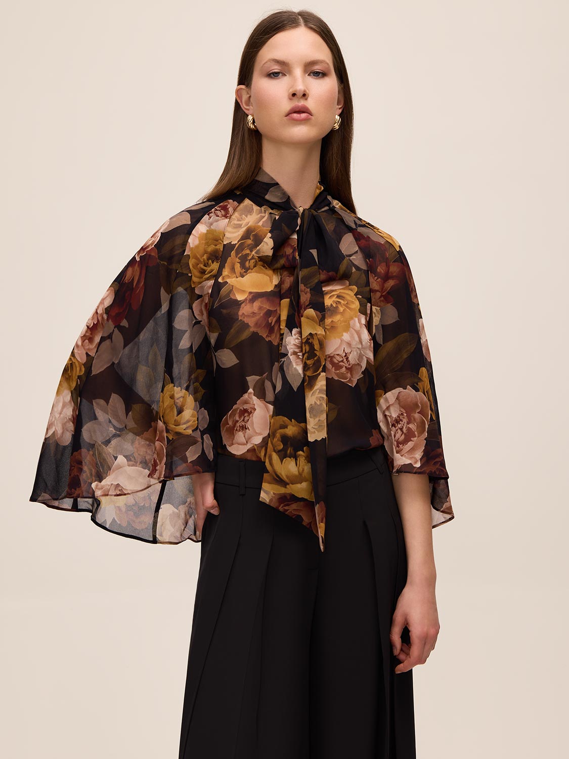 Dijon Print Floral Tie Neck Cape Top - Flowing Silhouette with Elegant Detail - Le Chateau
