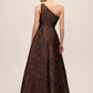 Mocha One-Shoulder Jacquard Floral Gown - Back View - Le Chateau