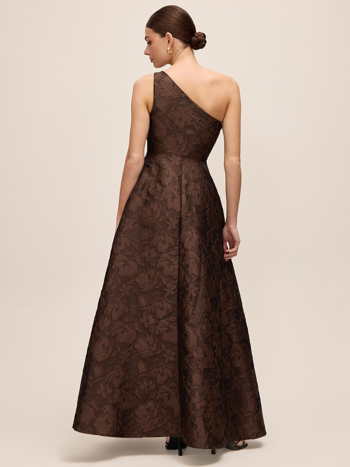 Mocha One-Shoulder Jacquard Floral Gown - Back View - Le Chateau