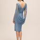 Steel Blue Boat Neck Sheath Dress with Back Cape - Back View - Le Chateau