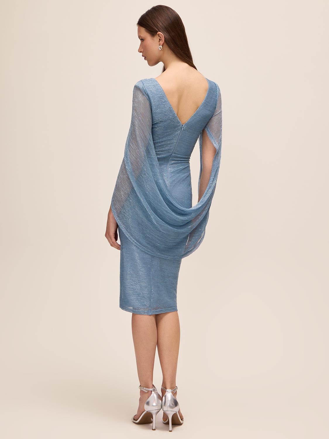 Steel Blue Boat Neck Sheath Dress with Back Cape - Back View - Le Chateau