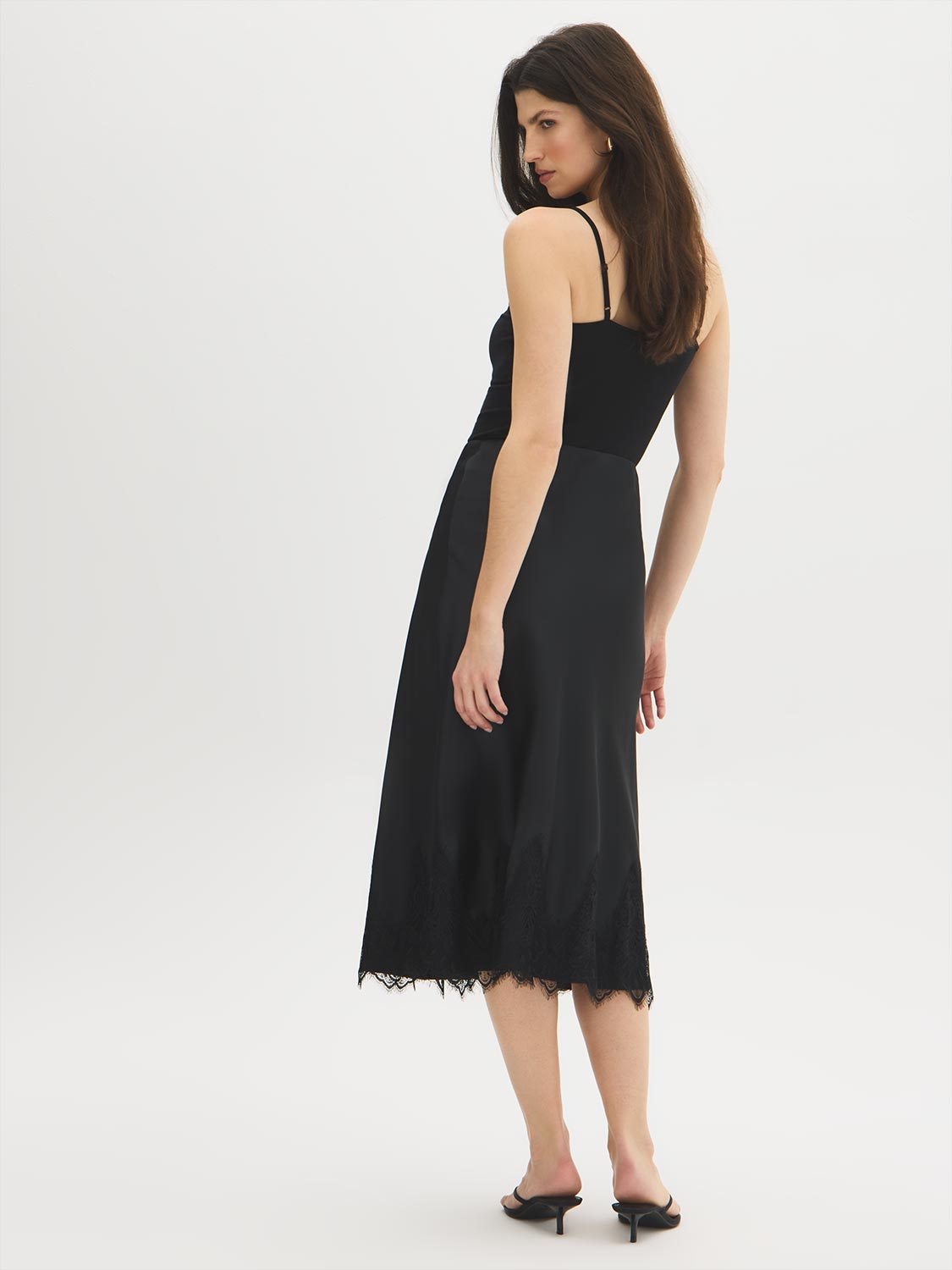 Black Lace Trim Satin Bias Column Skirt - Close-up Lace Hem Detail - Suzy Shier