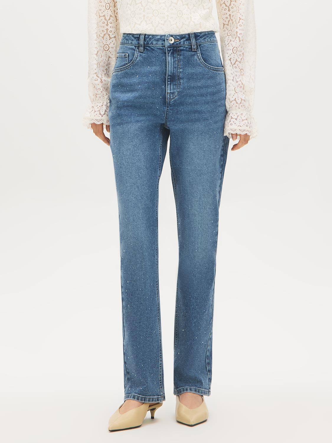 Medium Wash Rhinestone Straight Leg Denim Pant - Front View - Suzy Shier