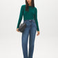 Dk Green Snap Button Sleeve Knit Sweater - Woman Wearing Crew Neck Sweater with Sleeve Detail - Suzy Shier