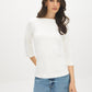 Snow White Boat Neck Fitted Cloud Fleece Top - Woman Wearing 3/4 Sleeve Knit Top - Suzy Shier