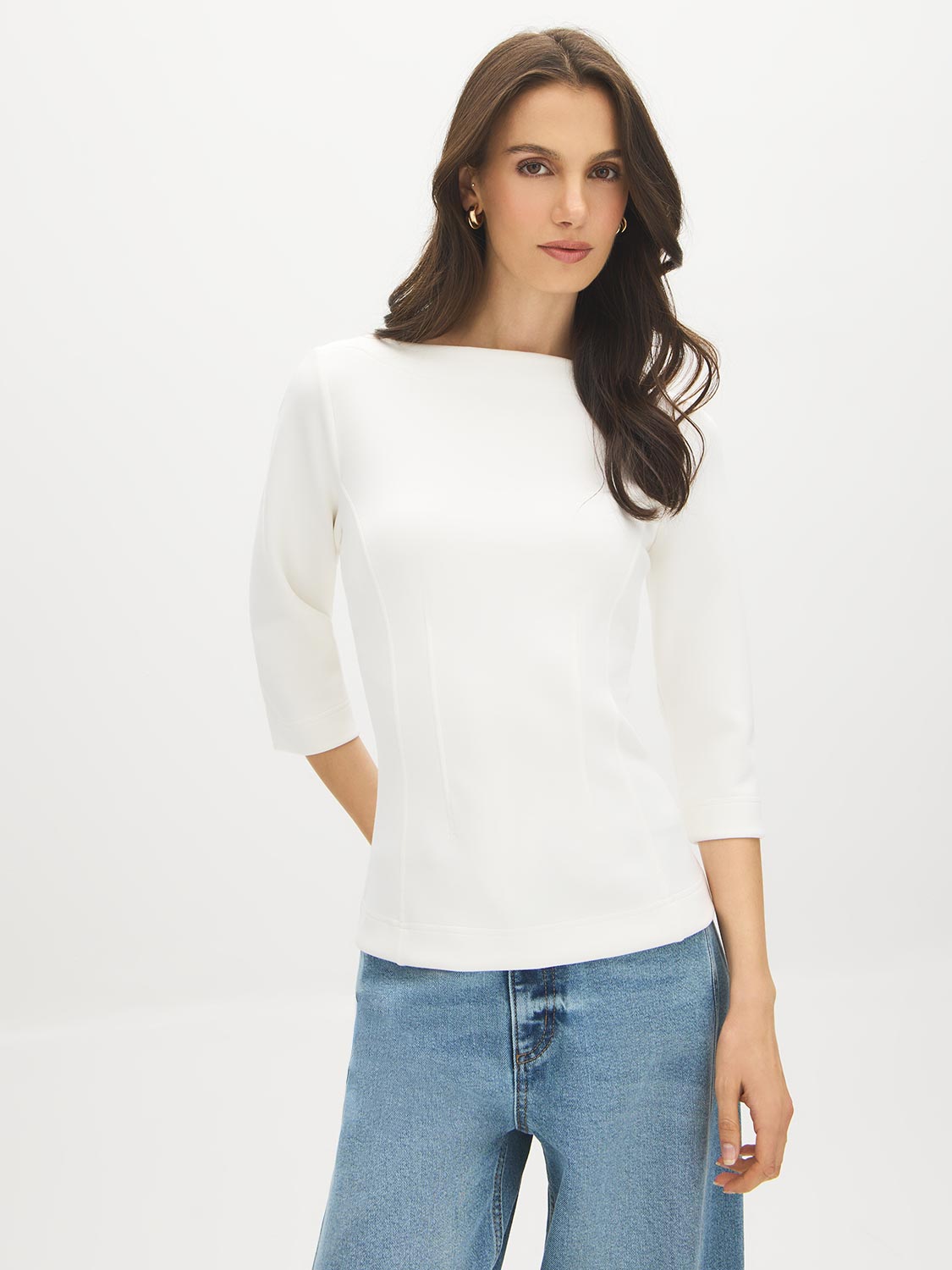 Snow White Boat Neck Fitted Cloud Fleece Top - Woman Wearing 3/4 Sleeve Knit Top - Suzy Shier