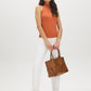 Autumn Leaf Sleeveless Halter Mock Neck Top - Woman Wearing Fitted Shell Top - Suzy Shier