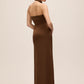 Mocha Cowl Neck Gown with Side Pleat - Back View - Le Chateau