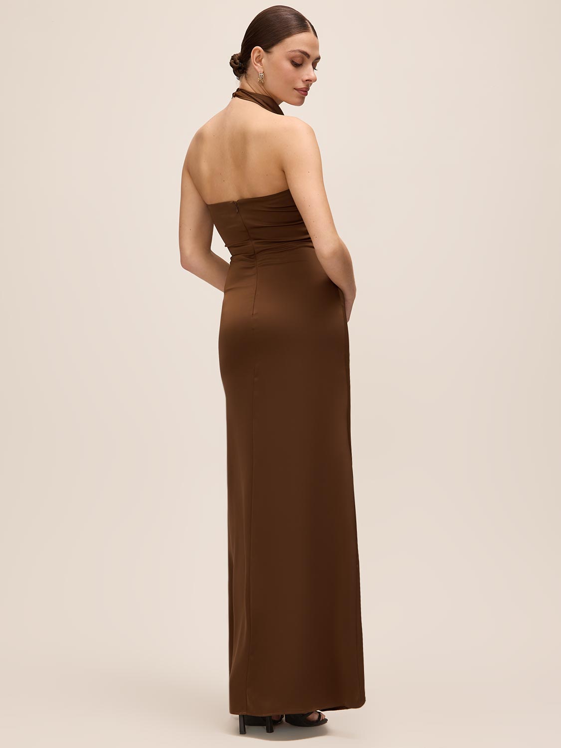 Mocha Cowl Neck Gown with Side Pleat - Back View - Le Chateau
