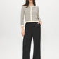 Beige/Navy Ruffle Detail Knit Cardigan - Woman Wearing Striped Cardigan with Ruffles - Suzy Shier