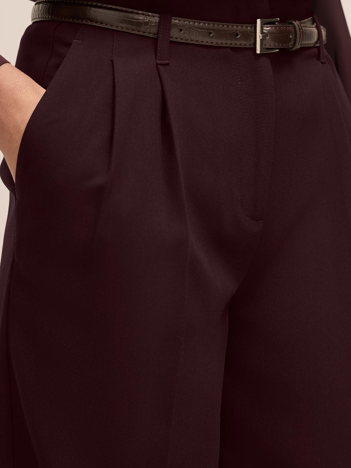 Eggplant Belted Pleated Wide-Leg Pant - Close-up Belt Detail - Le Chateau