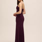 Black Cherry Cowl Neck Gown with Front Slit - Side Profile View - Le Chateau