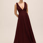 Bordeaux V-Neck Pleated Chiffon Gown - Front View - Le Chateau
