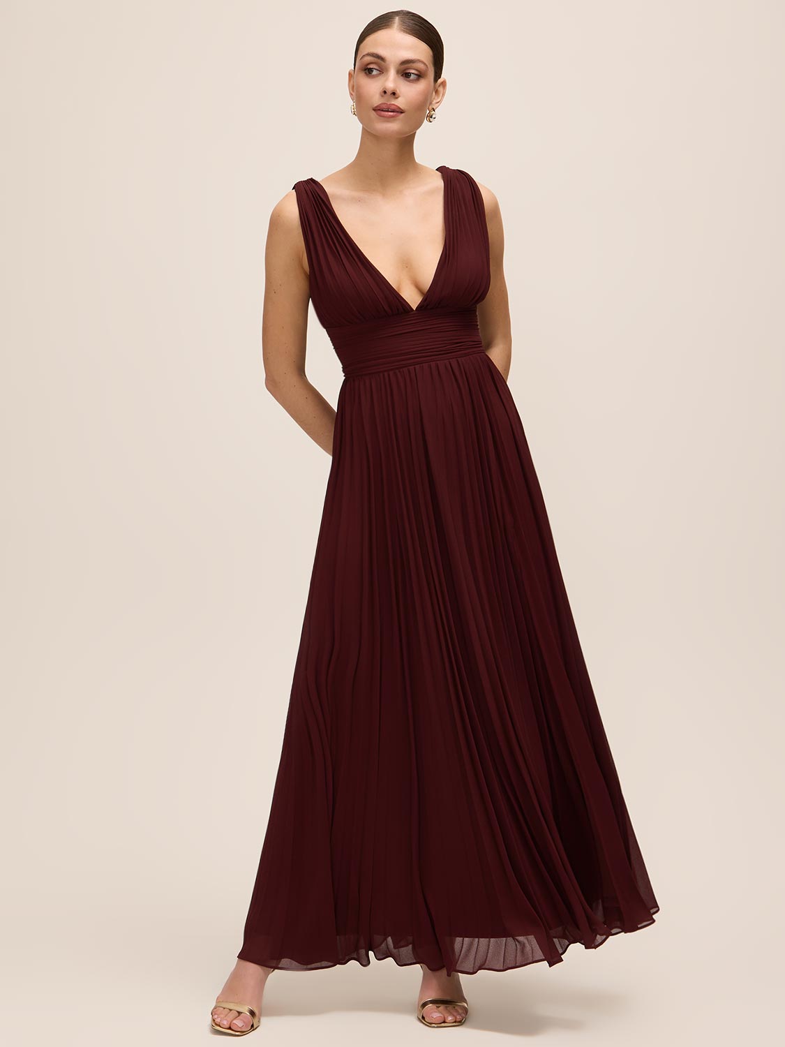 Bordeaux V-Neck Pleated Chiffon Gown - Front View - Le Chateau