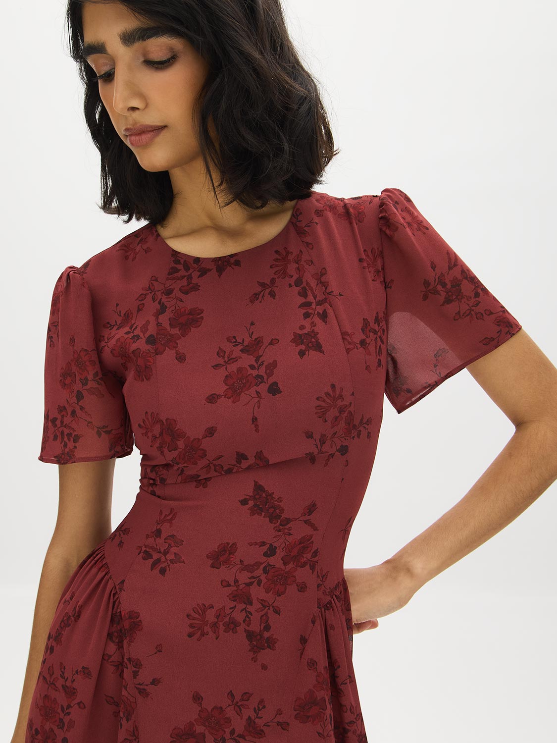 Apple Butter Floral Print Chiffon Dress - Close-up Fabric Detail - Suzy Shier