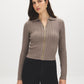 Brown Melange Cable Stitch Zip-Front Sweater - Woman Wearing Textured Knit Top - Suzy Shier
