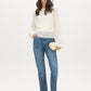 Medium Wash Rhinestone Straight Leg Denim Pant - Woman Wearing Embellished Five-Pocket Jeans - Suzy Shier