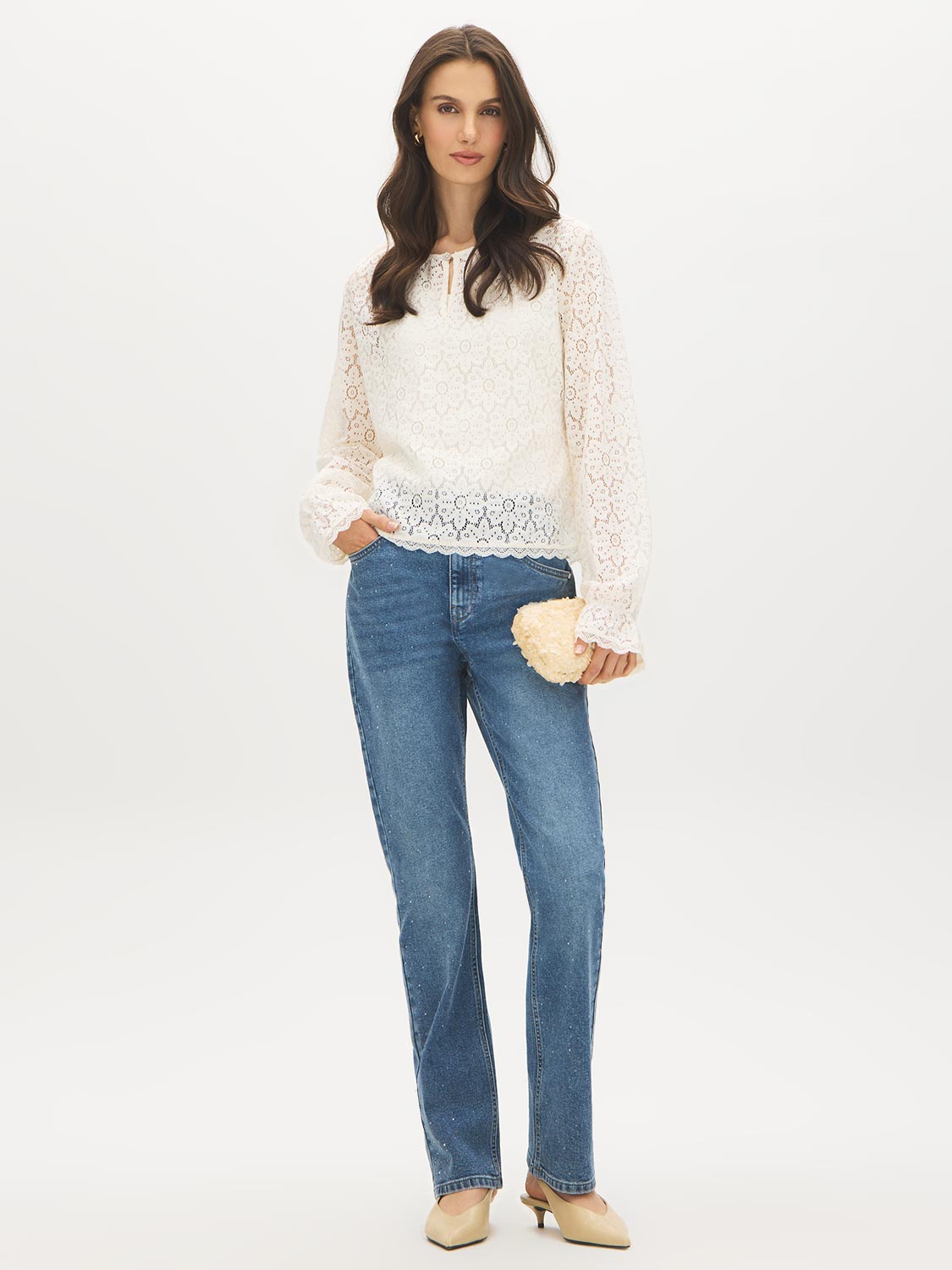 Medium Wash Rhinestone Straight Leg Denim Pant - Woman Wearing Embellished Five-Pocket Jeans - Suzy Shier