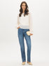 Medium Wash Rhinestone Straight Leg Denim Pant - Woman Wearing Embellished Five-Pocket Jeans - Suzy Shier