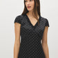 Black/White Dot Satin Midi Dress with Lace Trim - Front View - Suzy Shier