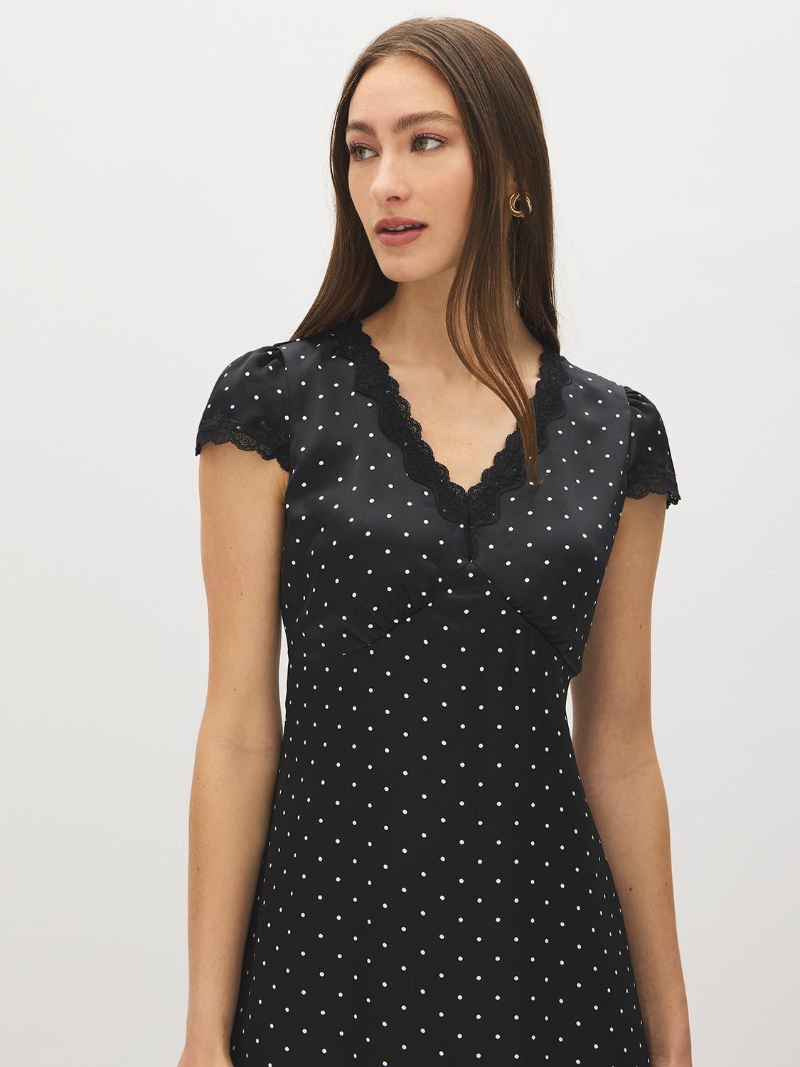 Black/White Dot Satin Midi Dress with Lace Trim - Front View - Suzy Shier