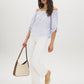 Yarn Dye Stripe Off-the-Shoulder Blouse - Woman Wearing Tie-Detail Sleeve Top - Suzy Shier