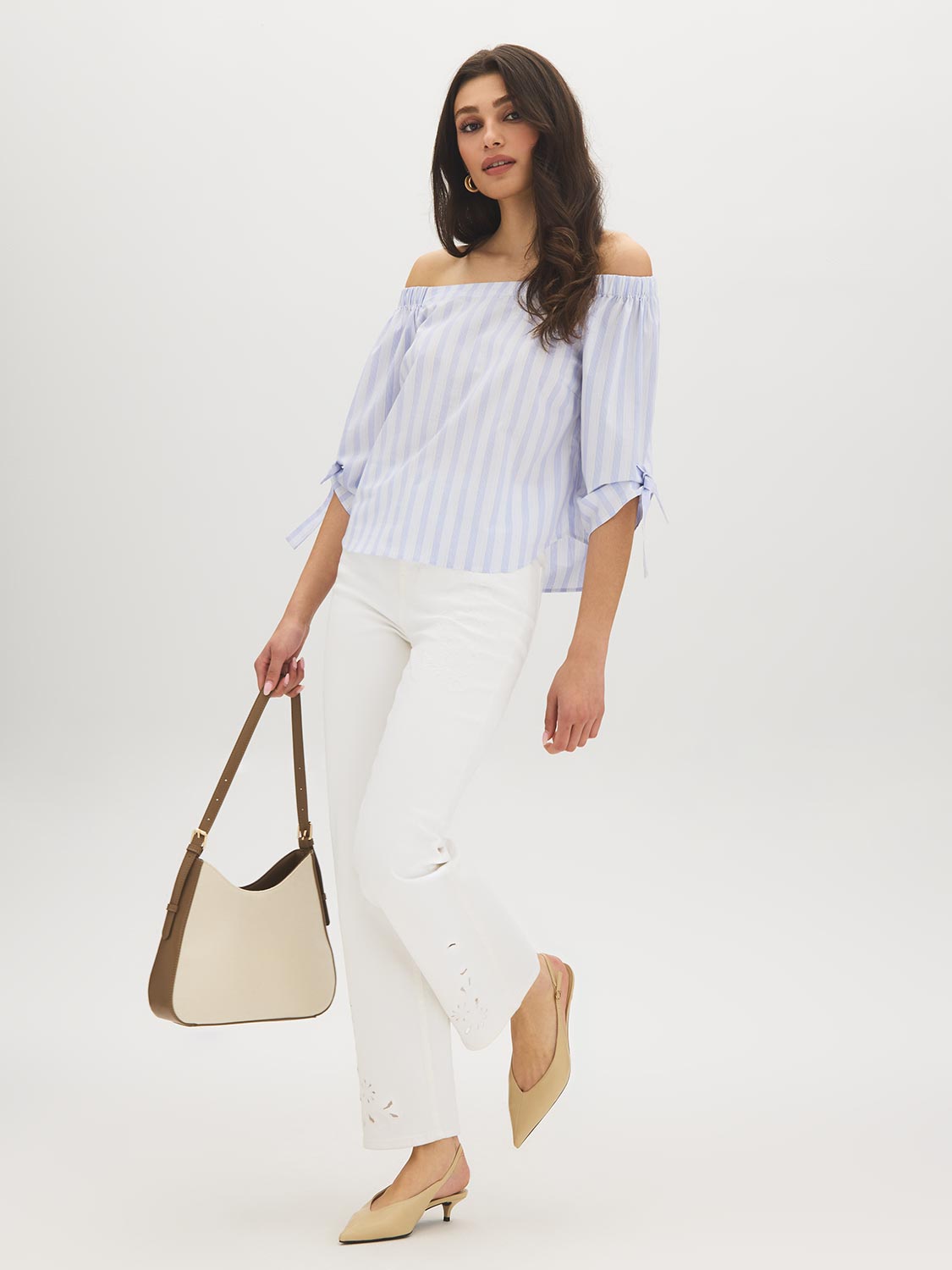 Yarn Dye Stripe Off-the-Shoulder Blouse - Woman Wearing Tie-Detail Sleeve Top - Suzy Shier