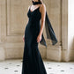 Black Knit Crepe Gown with Chiffon Godet Inserts - Woman Wearing Elegant Evening Dress with Scarf - Le Chateau