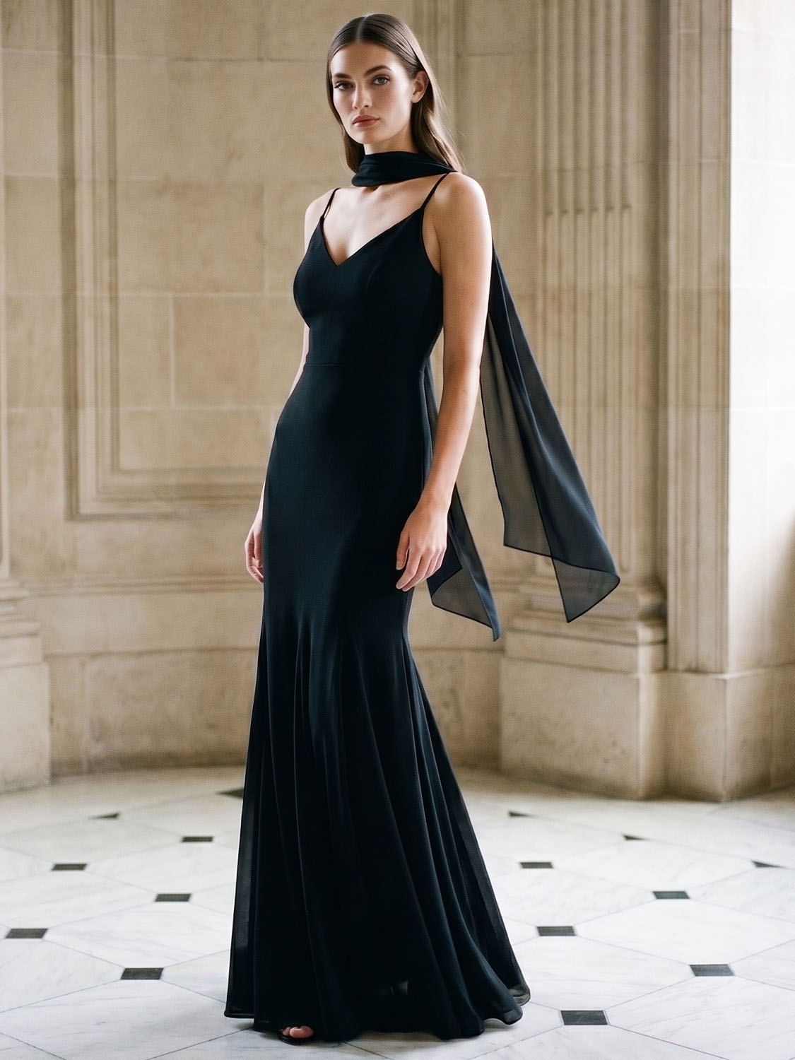 Black Knit Crepe Gown with Chiffon Godet Inserts - Woman Wearing Elegant Evening Dress with Scarf - Le Chateau