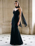 Black Knit Crepe Gown with Chiffon Godet Inserts - Woman Wearing Elegant Evening Dress with Scarf - Le Chateau
